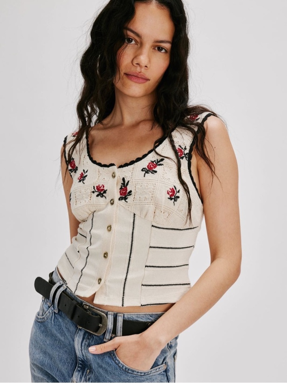 Free People • ROSE BUD KNIT TOP - IVORY COMBO Cropped Embroidered Crochet Detail